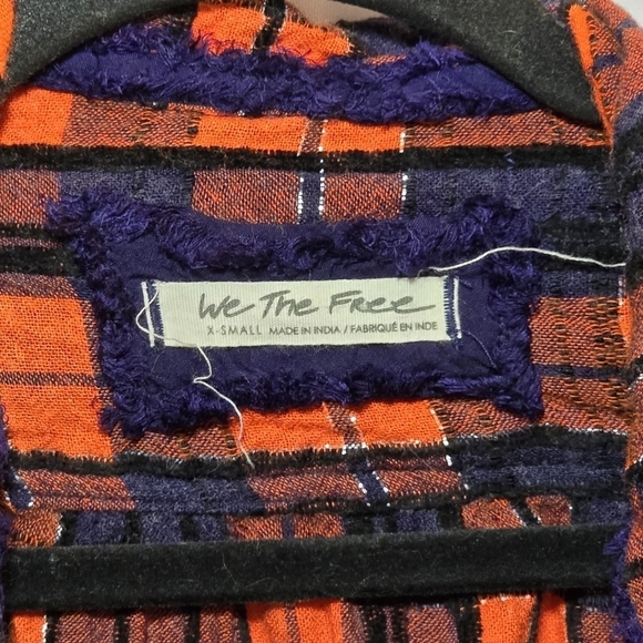 We The Free Orange Blue Plaid Button Snap Raw Hem Long Sleeve Oversized Top, XS - Picture 3 of 9